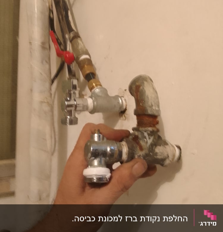 יד מחזיקה צינור מים עם ברזים וחיבורים